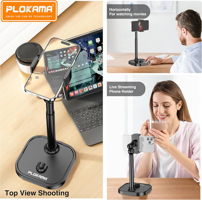 PLOKAMA phone holder with various uses on a desk and being used by a woman.