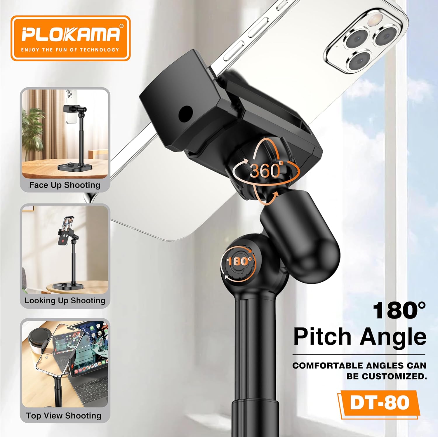 Phone holder with 360-degree rotation and 180-degree pitch angle on a white background, featuring Plokama branding.