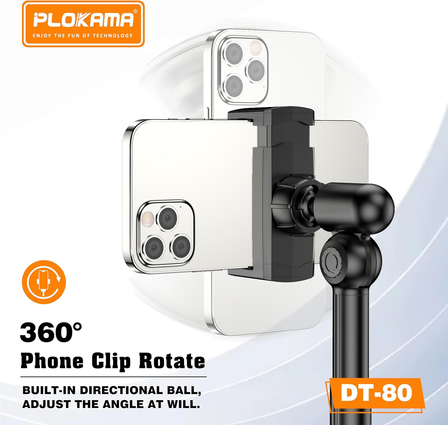 Phone clip with 360-degree rotation feature on a white background, featuring Plokama branding.