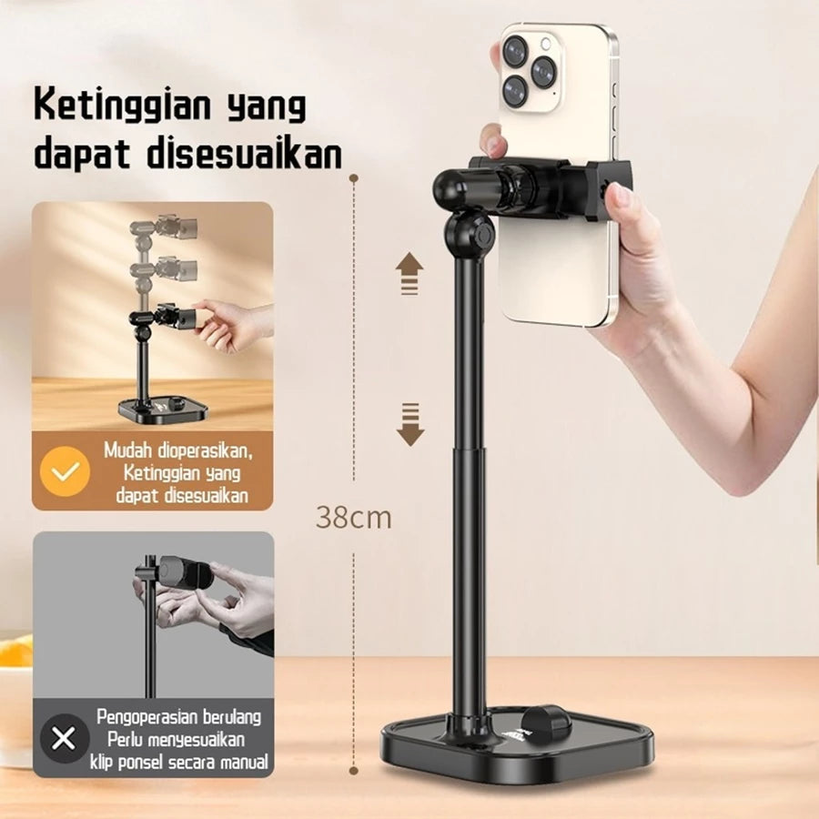 Black adjustable phone stand with smartphone on a beige background