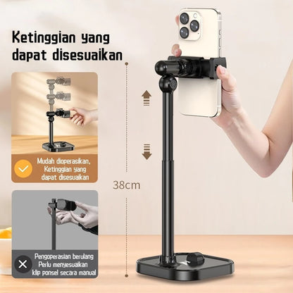 Black adjustable phone stand with smartphone on a beige background