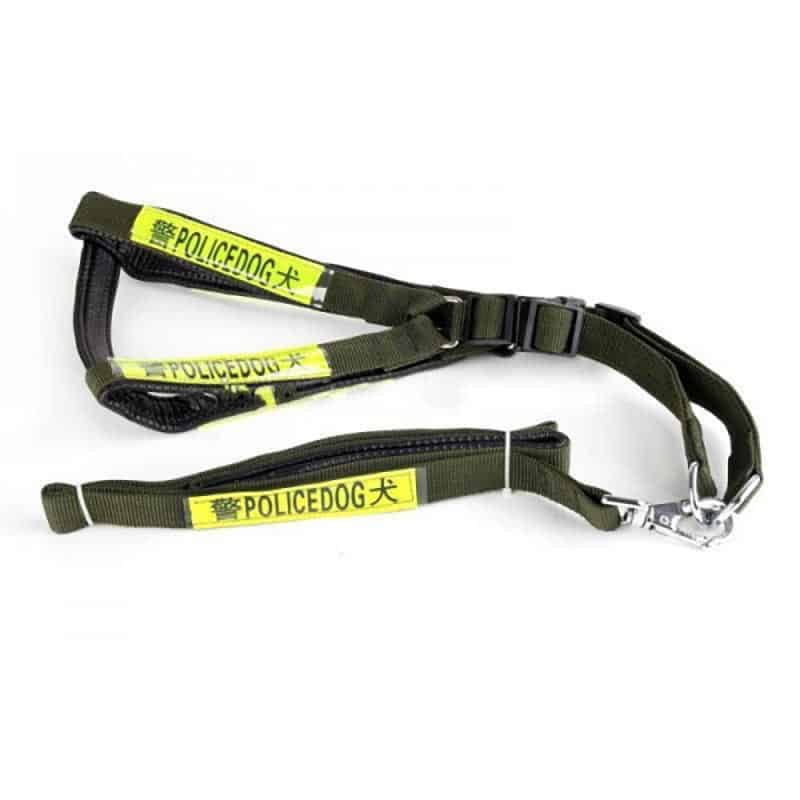 Black and green police dog leash with yellow 'POLICEDOG' labels on a white background