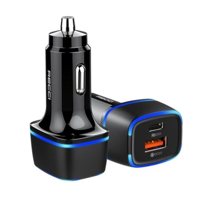 Black car charger with USB port on a white background