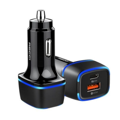 Black car charger with USB port on a white background