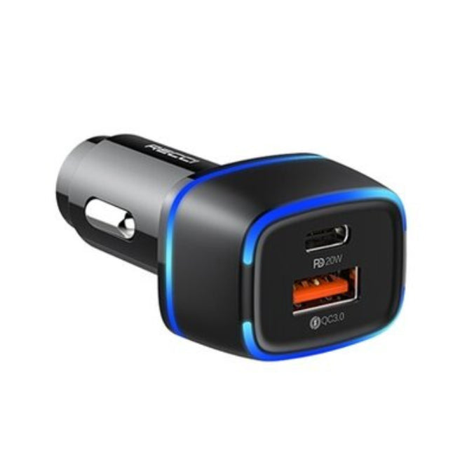Car charger with two USB ports on a white background
