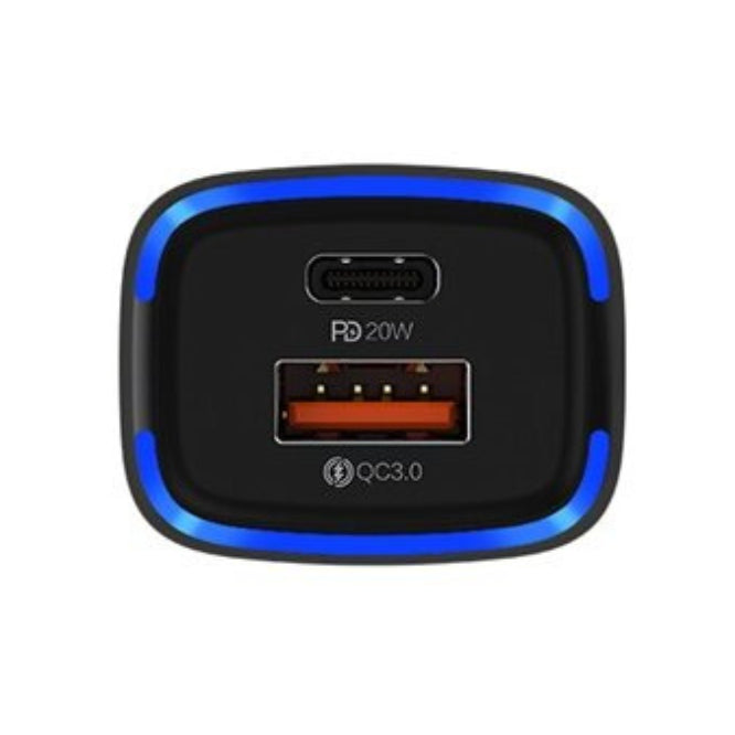 Black electronic device with USB ports and charging indicators on a white background