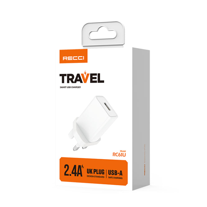 White travel charger with RECCI branding on a white background