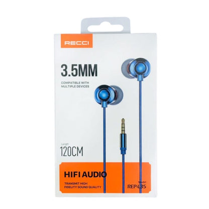 Packaged blue earphones with RECCI branding on a white background