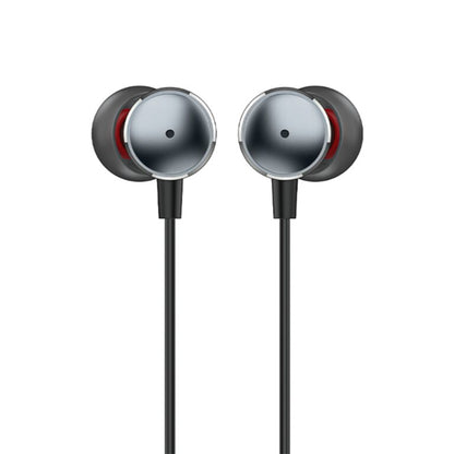 Pair of silver and black earphones on a white background