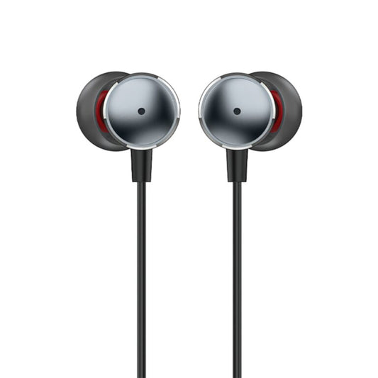 Pair of silver and black earphones on a white background