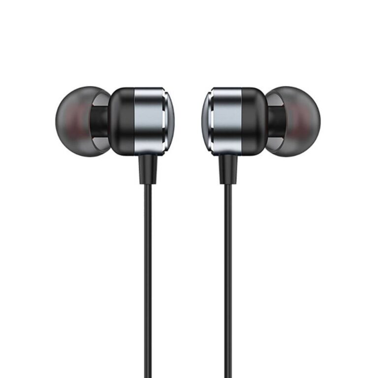 Pair of black and silver in-ear headphones on a white background