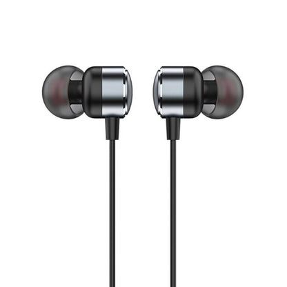 Pair of black and silver in-ear headphones on a white background