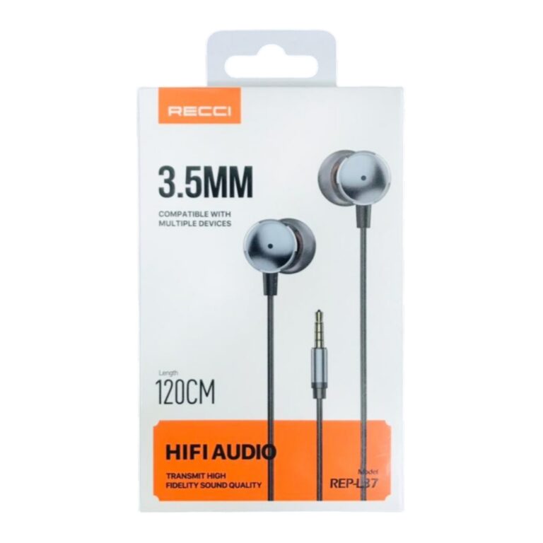 Packaged earphones with RECCI branding on a white background