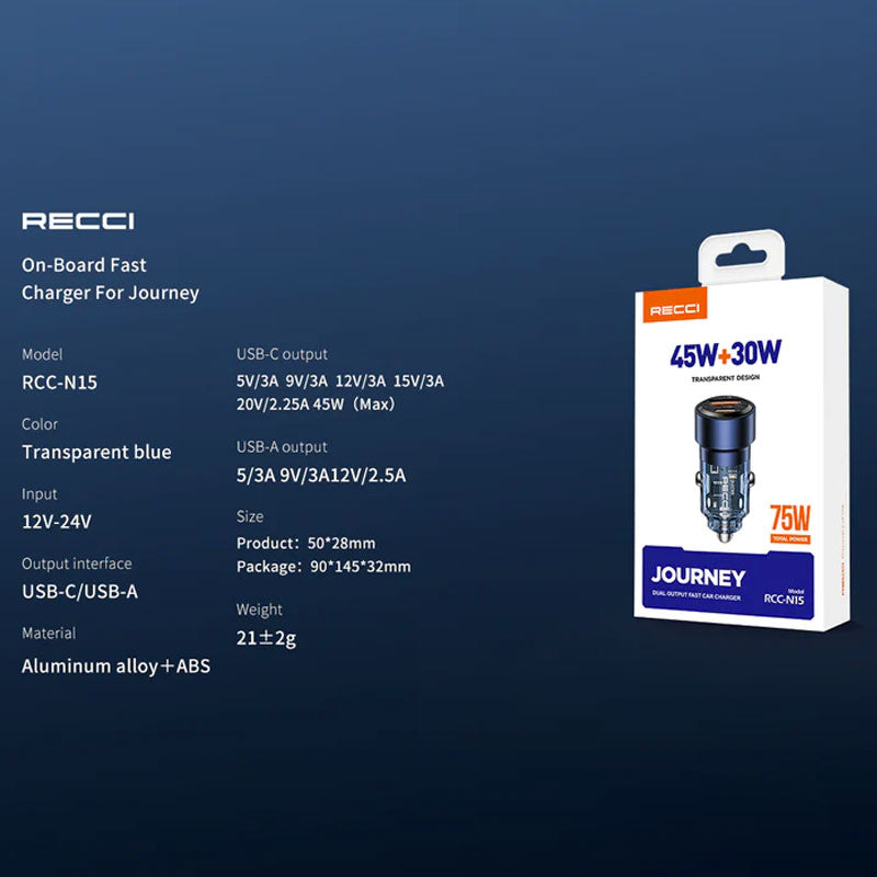 Recci RCC-N15 75W Journey Dual Car Charger