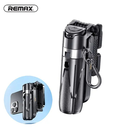 Black flashlight with carabiner attachment on a white background, featuring Remax brand logo.