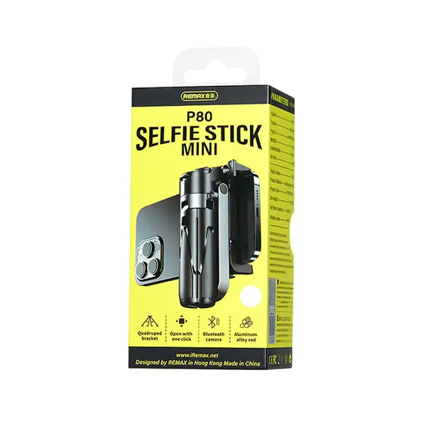 Packaging of a selfie stick mini with REMAX branding on a white background