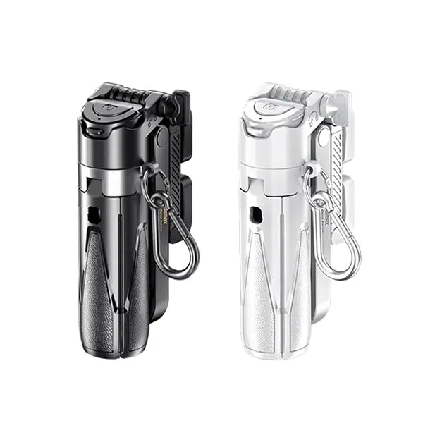 Two multi-tool devices with carabiners on a white background