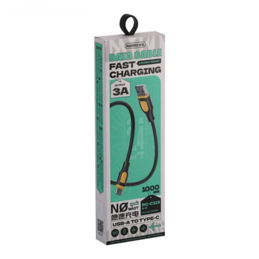 Packaged data cable with charging specifications on a white background
