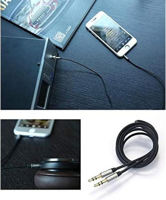 Remax RL-L100 3.5mm AUX Audio Cable, Black, Braided, Gold-Plated, Stereo Sound - 1 Meter