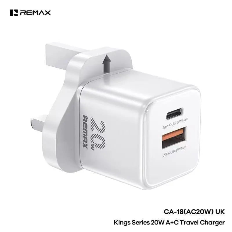 Remax travel charger with dual USB ports on a white background