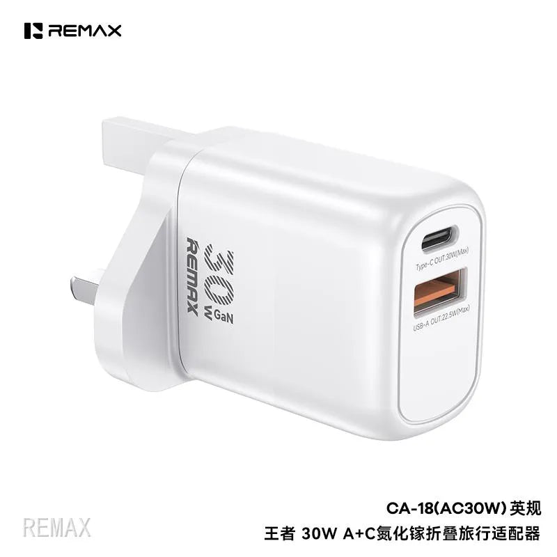 Remax power adapter with dual USB ports on a white background