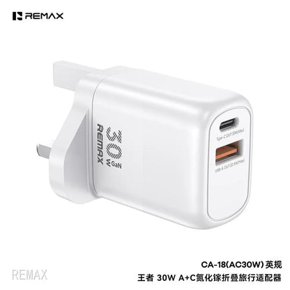 Remax power adapter with dual USB ports on a white background