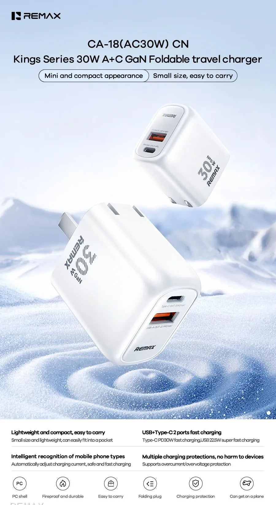 Remax travel charger with dual ports on a water droplet background