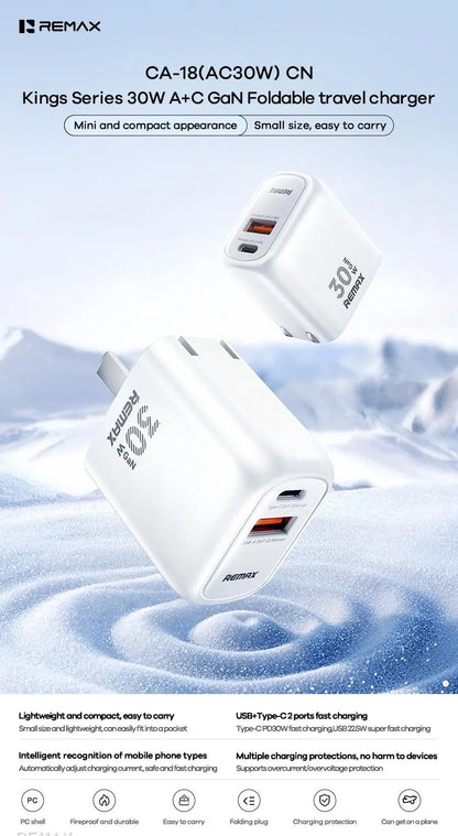 Remax travel charger with dual ports on a water droplet background