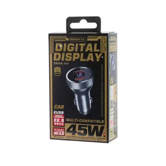 Packaging of a digital display car charger with Remax branding on a white background