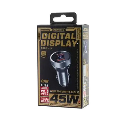 Packaging of a digital display car charger with Remax branding on a white background