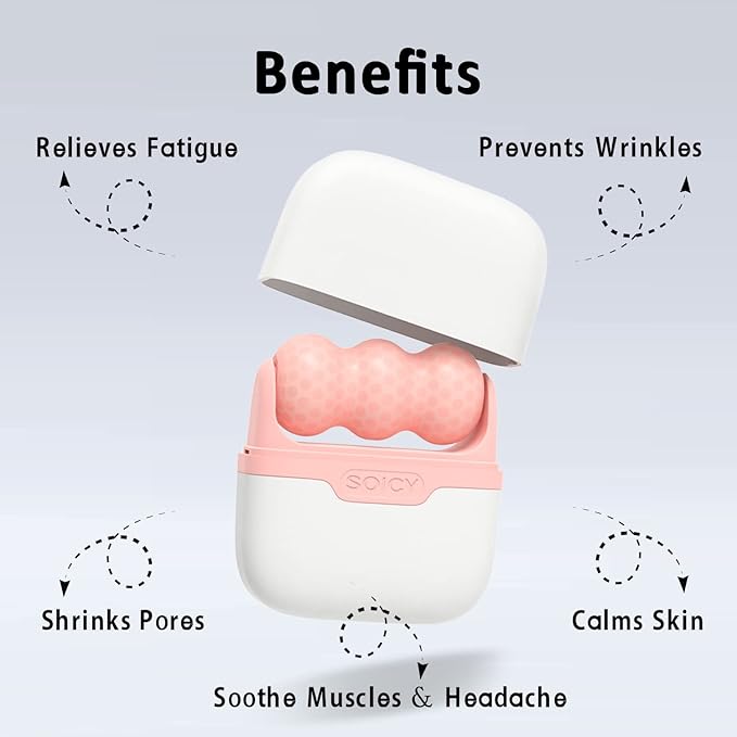 Pink and white device with text listing benefits on a light gray background