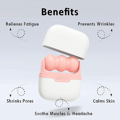 Pink and white device with text listing benefits on a light gray background