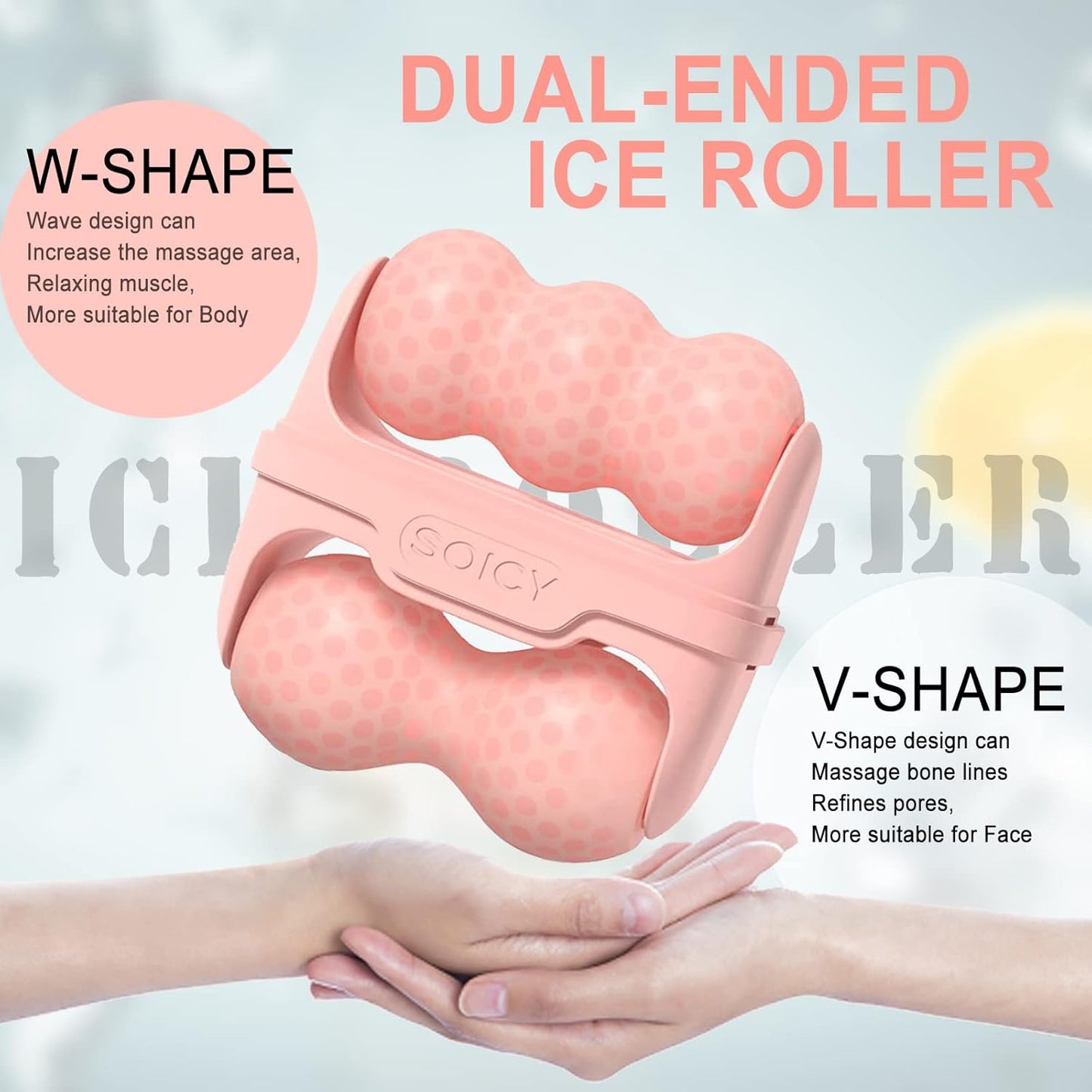 Pink dual-ended ice roller with W-shape and V-shape designs, held by a hand. S80 Ice Roller for Face & Eyes, 2-in-1 Facial Skin Care Tool digital kade