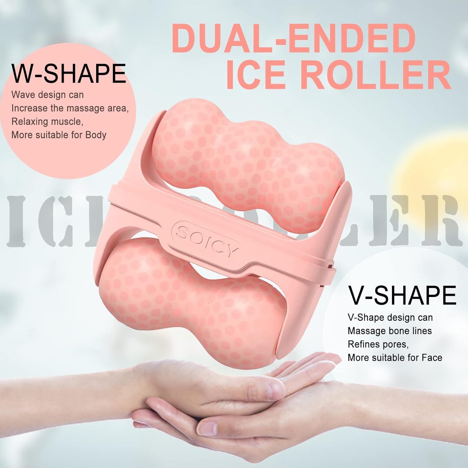 Pink dual-ended ice roller with W-shape and V-shape designs, held by a hand. S80 Ice Roller for Face & Eyes, 2-in-1 Facial Skin Care Tool digital kade