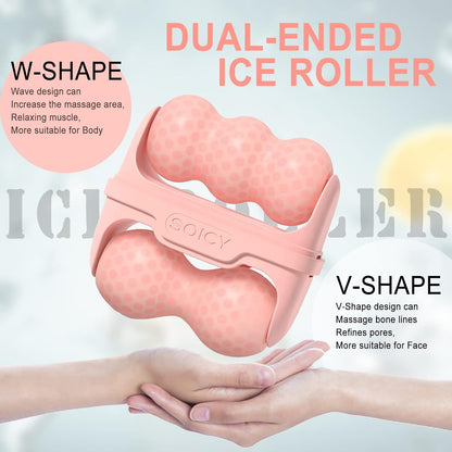 Pink dual-ended ice roller with W-shape and V-shape designs, held by a hand. S80 Ice Roller for Face & Eyes, 2-in-1 Facial Skin Care Tool digital kade