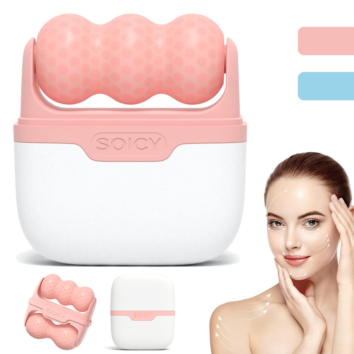 Pink and white facial roller with a woman applying cream on her face. S80 Ice Roller for Face & Eyes, 2-in-1 Facial Skin Care Tool digital kade