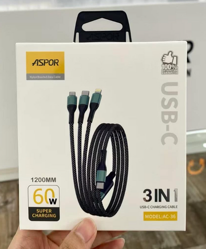 Aspor AC‑36 60W Fast Charging 3‑in‑1 Cable