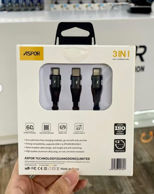 Aspor AC‑36 60W Fast Charging 3‑in‑1 Cable