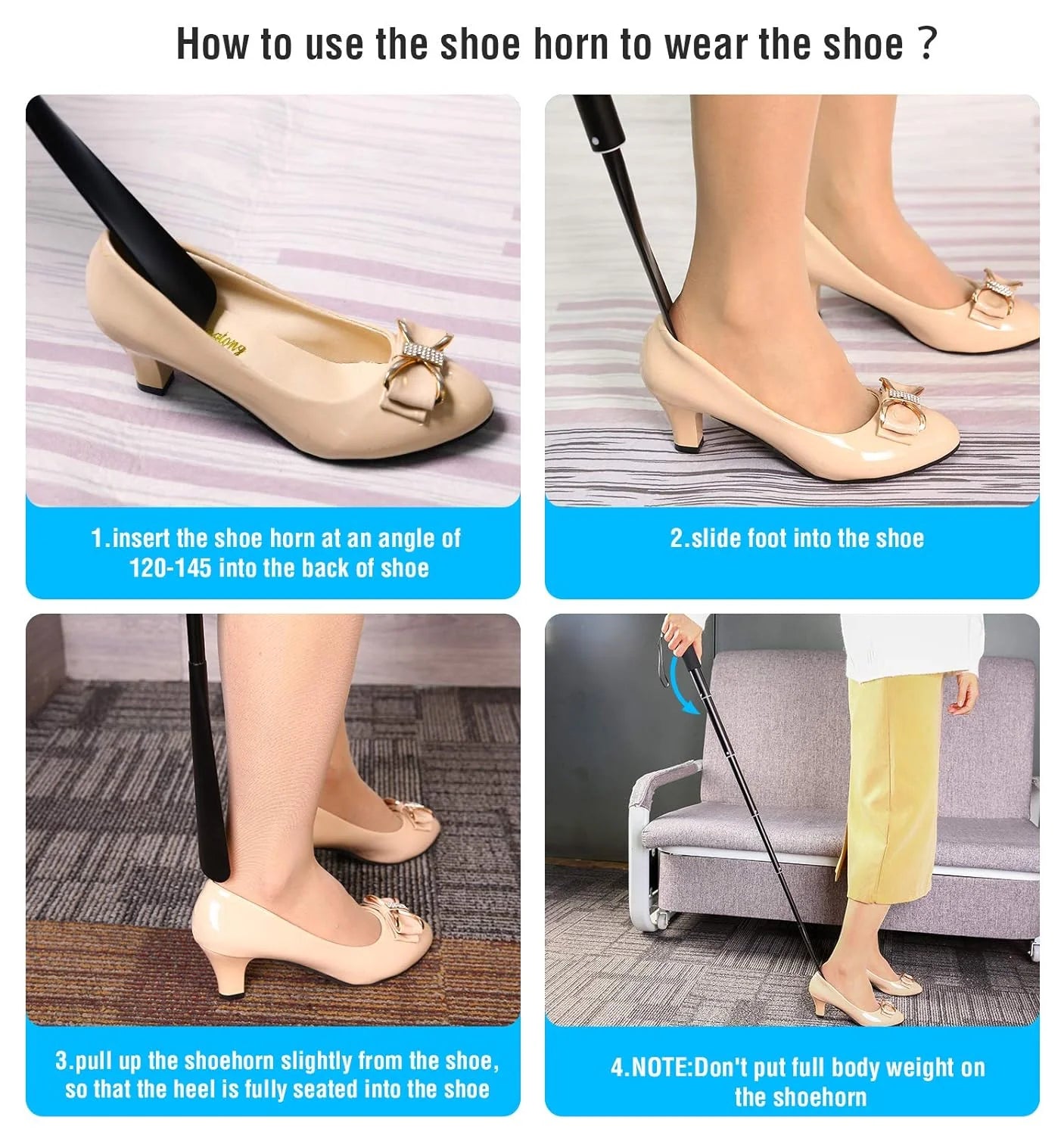 Step-by-step guide on how to use a shoe horn to wear shoes with images and text.