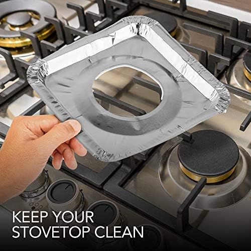 Hand holding a foil tray over a stovetop with text 'Keep your stovetop clean'.