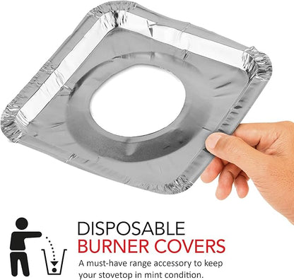 Disposable burner cover held by a hand with promotional text on a white background