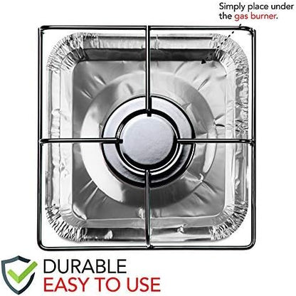 Aluminum foil tray with text indicating it should be placed under a gas burner, labeled as durable and easy to use.