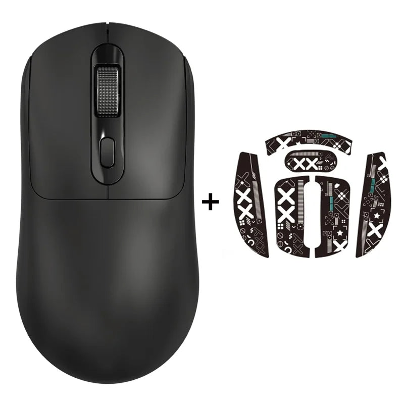 Black computer mouse with decorative side plates on a white background