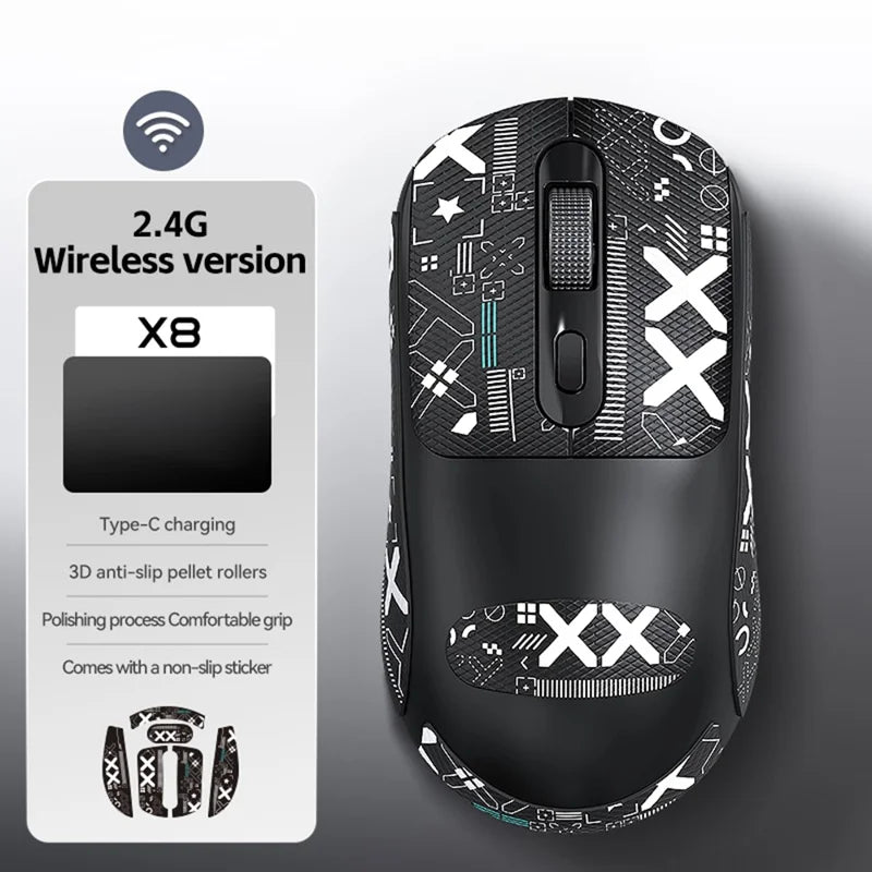 Black gaming mouse with geometric design and feature label on a gray background