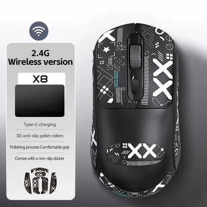 Black gaming mouse with geometric design and feature label on a gray background