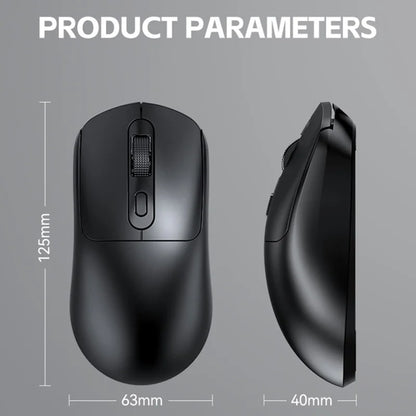 Black computer mouse with dimensions on a gray background