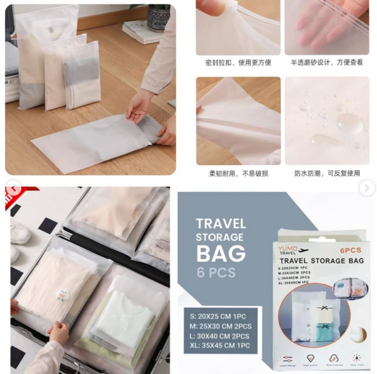 Travel storage bags with packaging and usage examples on a wooden surface.