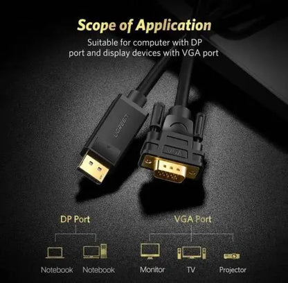 Two cables, one with DP port and the other with VGA port, on a dark background.