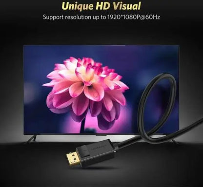 HDMI cable with a TV displaying a pink flower on the screen, highlighting HD visual support.