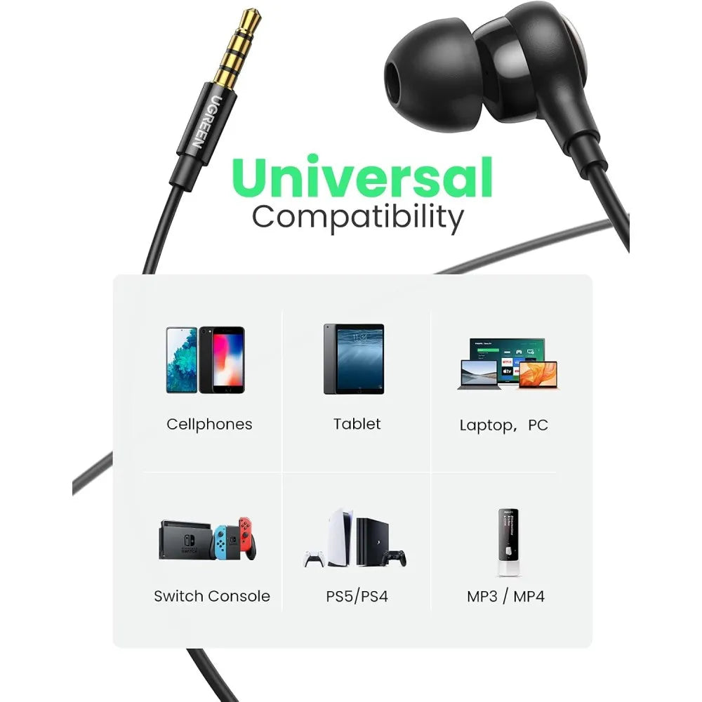 Black earbuds with a cable and compatibility chart for various devices on a white background.